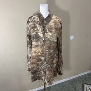 Barbara Lesser Brown Tye Dye Button Down Long Sleeve Blouse Sz XL Boho Whimsical